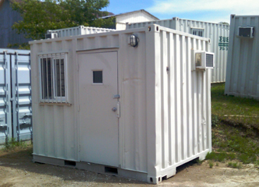 Container converted to a guard tower, site office or small living quarters